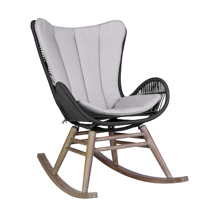 Armen Living Fanny Outdoor Patio Rocking chair in Light Eucalyptus Wood and Charcoal Rope 840254332263